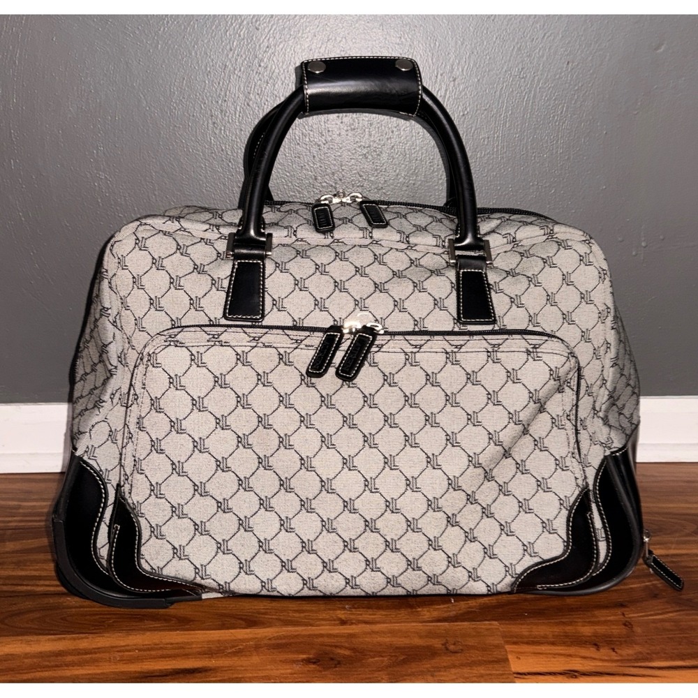 Lauren Ralph Rolling‎ Duffel Bag Grey Black Monogram LR Travel Luggage